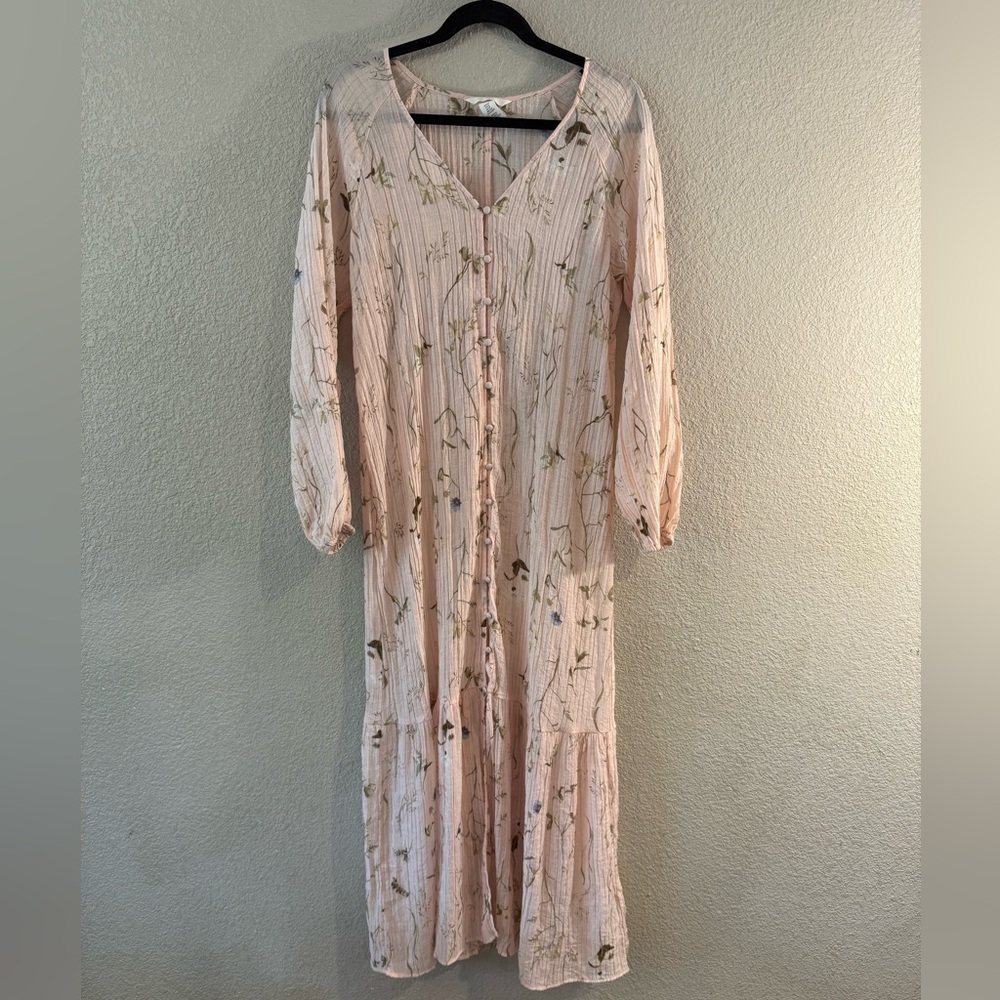 H&M Cream Long Sleeve Sundress with Bishop Sleeves and V-Neck